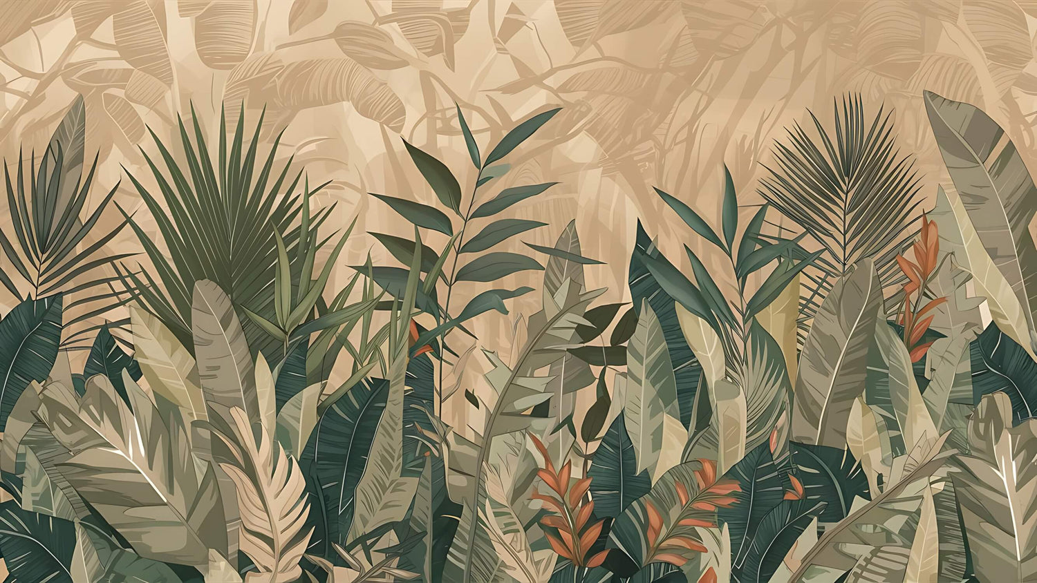 Tropical leaf wallpaper design file showing detailed palm fronds pattern on beige background