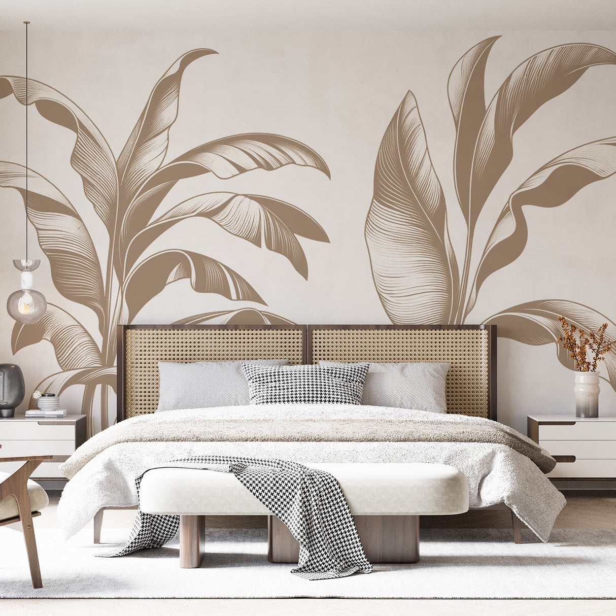 Tropical banana leaf wallpaper in beige creating a sophisticated atmosphere in a modern living room with clean lines
