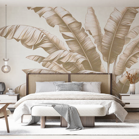 Beige Tropical Leaf Wallpaper bringing calm elegance to a modern living room with natural light and minimal furniture