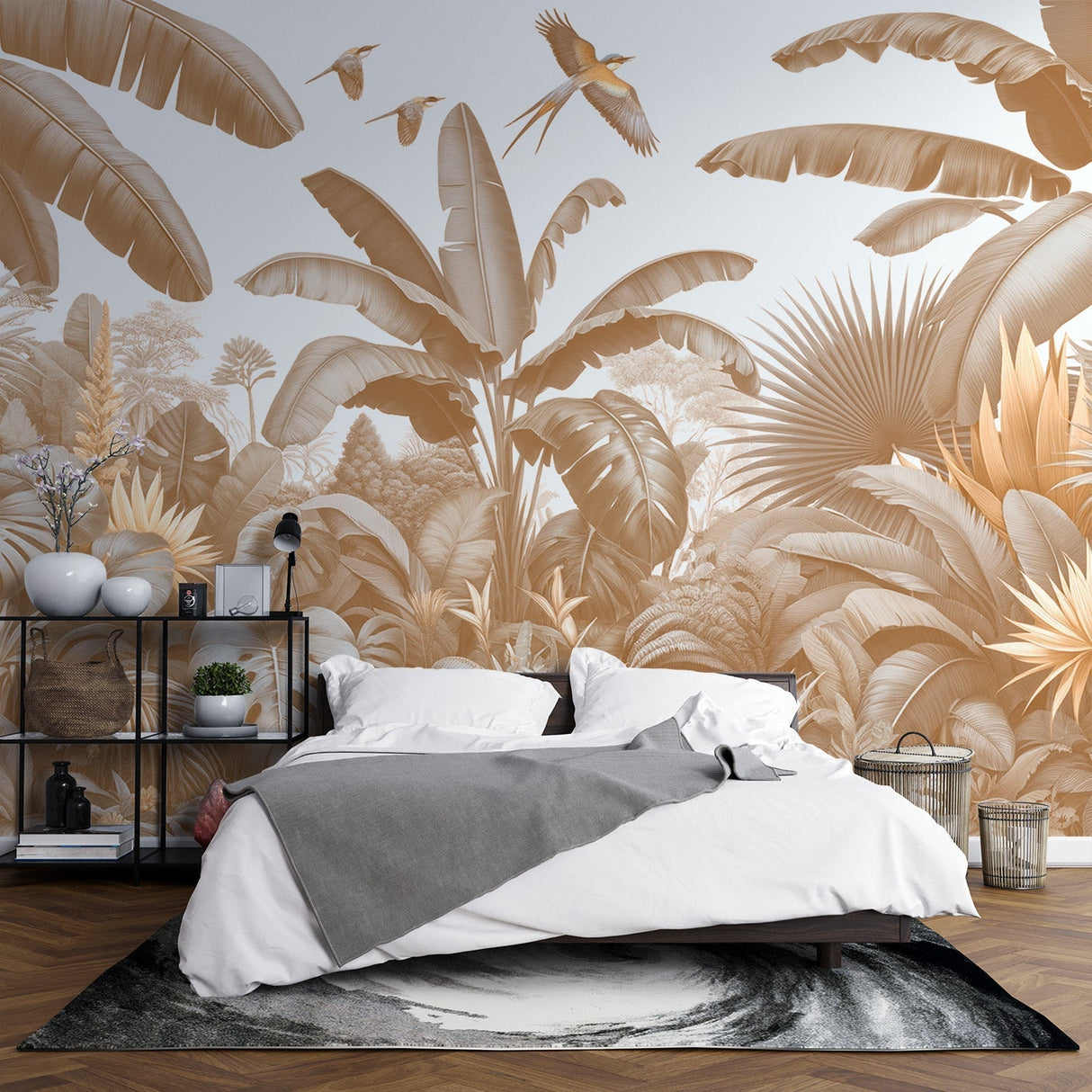 Tropical paradise wallpaper with beige banana leaves in a bright modern living room creating a peaceful atmosphere