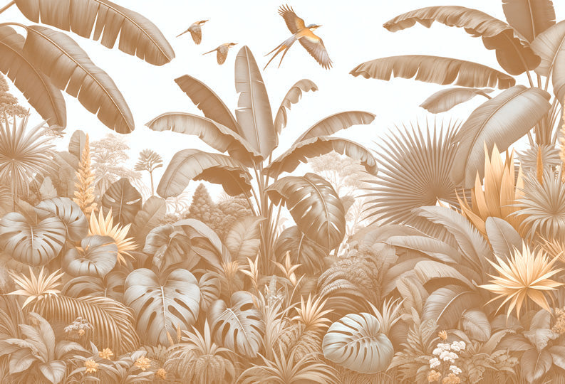 Beige banana leaves and birds design file showing intricate tropical pattern details