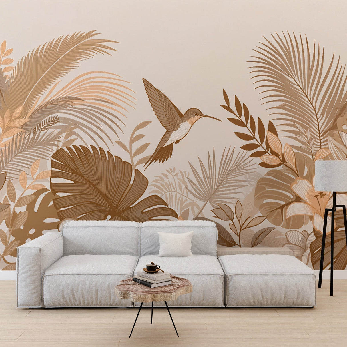Tropical bird wallpaper creating a sophisticated atmosphere in a modern living room with beige accents and natural light