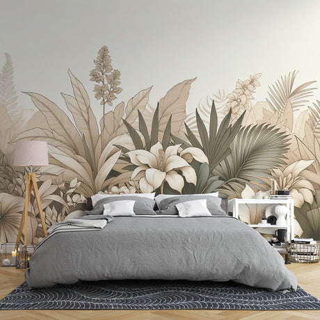 Tropical botanical wallpaper with beige lily and palm leaves creating a serene atmosphere in a modern living room