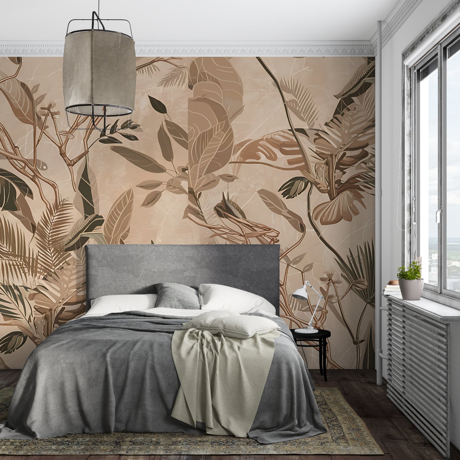Tropical Monstera Wallpaper in modern living room showing beige palm leaves pattern creating depth
