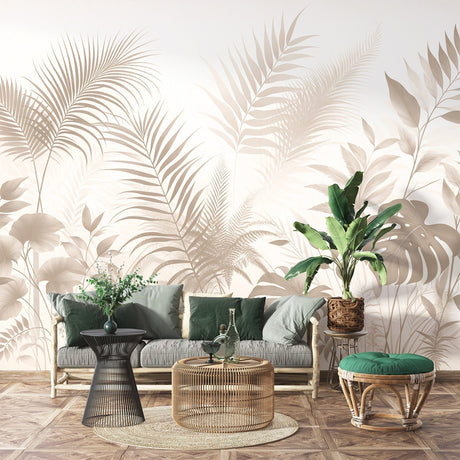 Tropical Palm and Monstera Wallpaper creating a serene atmosphere in a modern living room with natural light