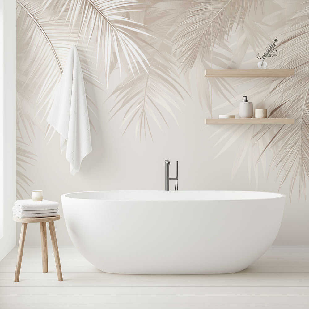 Beige palm leaf wallpaper in a bright modern living room, creating a fresh and airy atmosphere