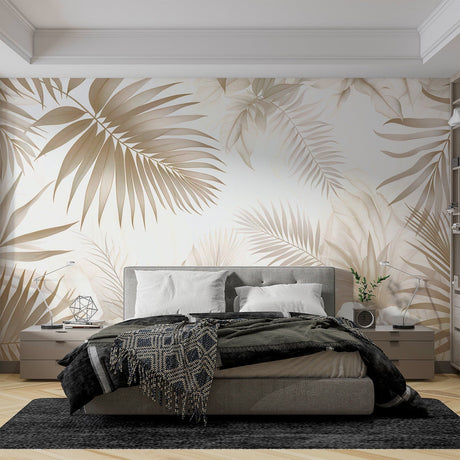 Tropical palm leaf wallpaper in beige creating a serene atmosphere in a modern living room with natural light