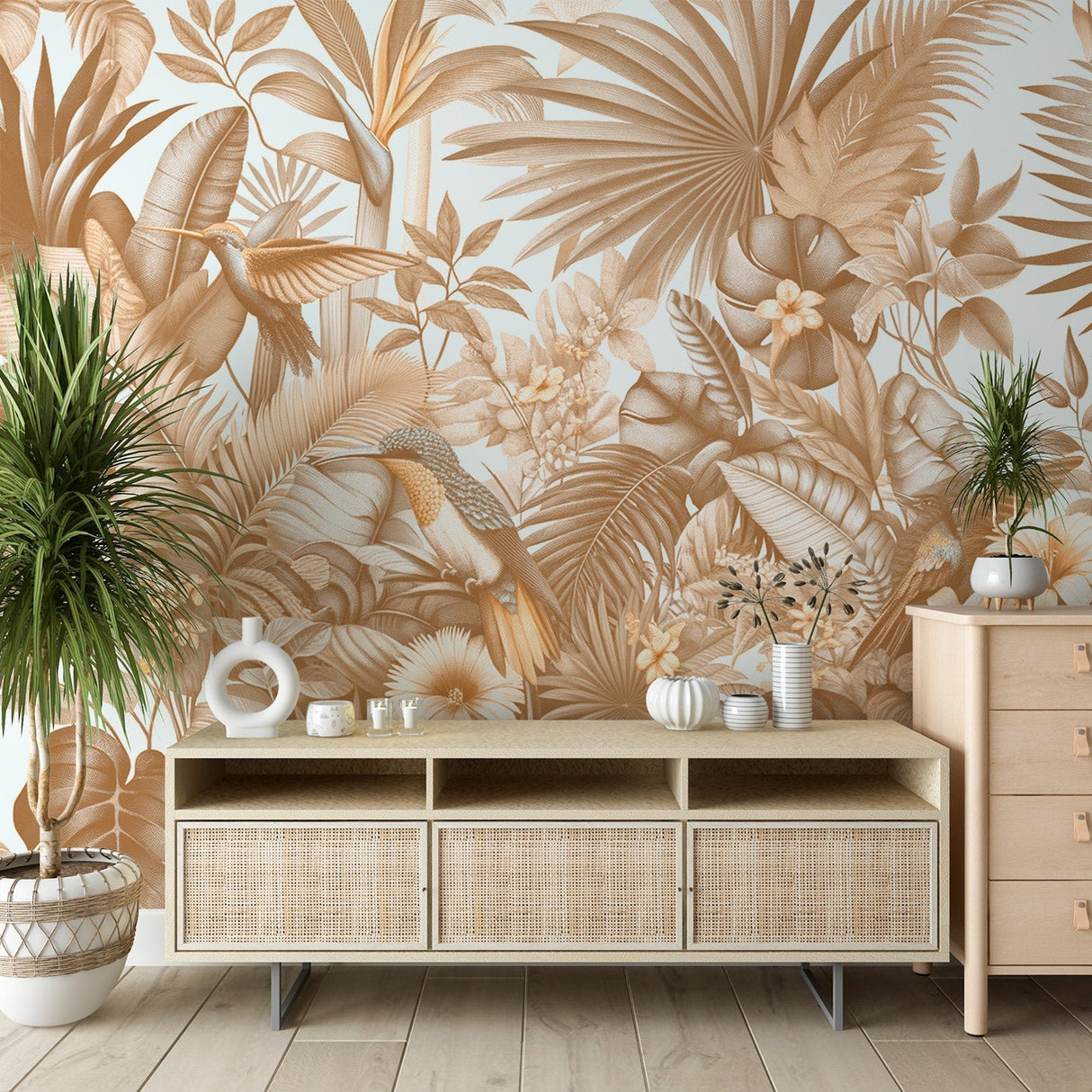 Tropical palm leaves wallpaper with birds creating a peaceful atmosphere in a modern living room with natural light