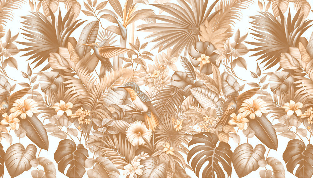 Beige tropical palm leaves with birds design file showing detailed pattern and hummingbird motifs