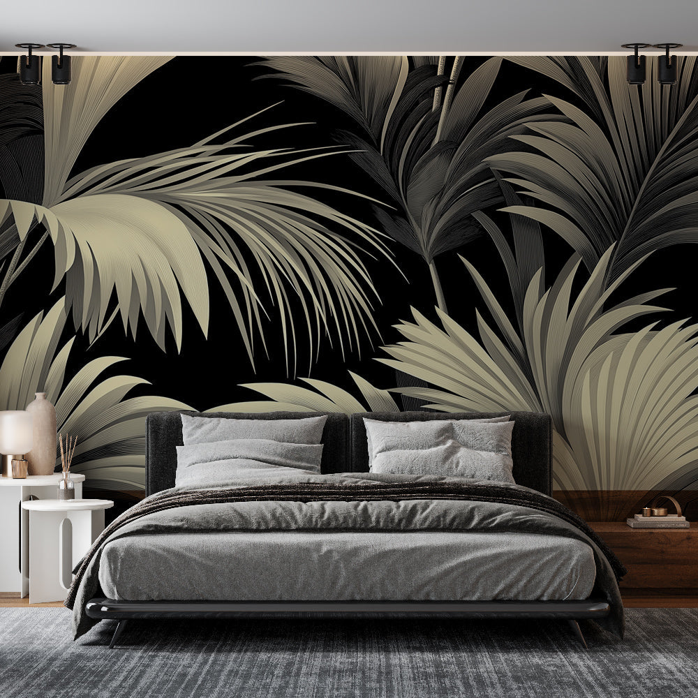Tropical palm leaves wallpaper in black and beige creating a stunning accent wall in a modern living room with natural light
