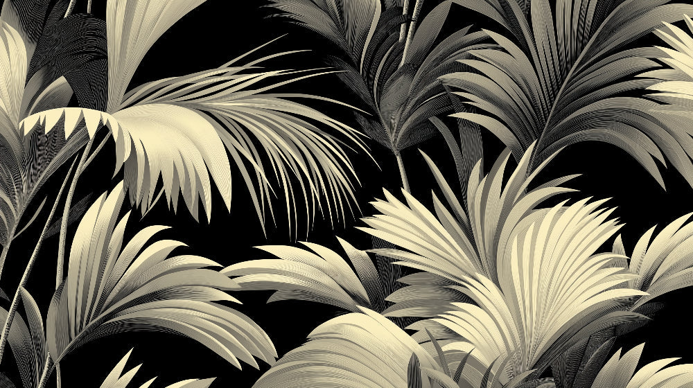 Black and beige palm leaves wallpaper design file showing intricate tropical pattern and texture details