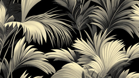 Black and beige palm leaves wallpaper design file showing intricate tropical pattern and texture details