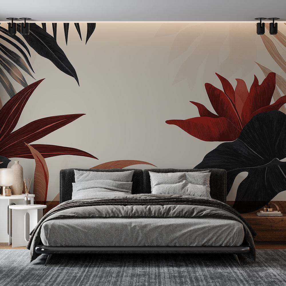 Tropical leaf wallpaper with black and burgundy design styled in a modern living room with minimal furniture