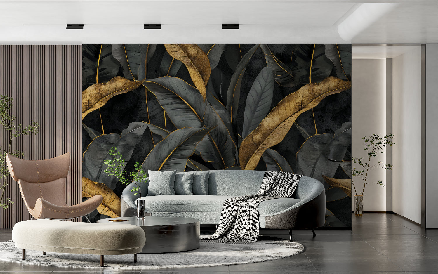 Luxury botanical wallpaper showcased in contemporary living room setting