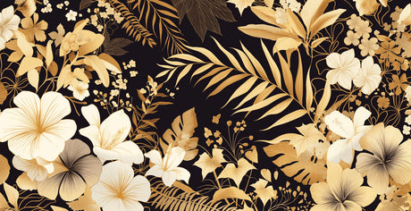 Tropical botanical design file showing detailed gold palm leaves pattern on black background
