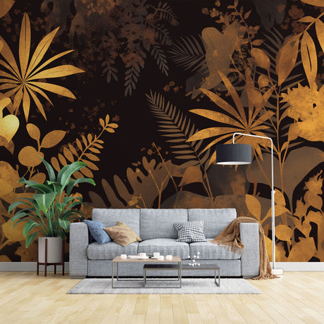Tropical gold palm wallpaper creating dramatic impact in a modern dining room with black accent wall and gold details