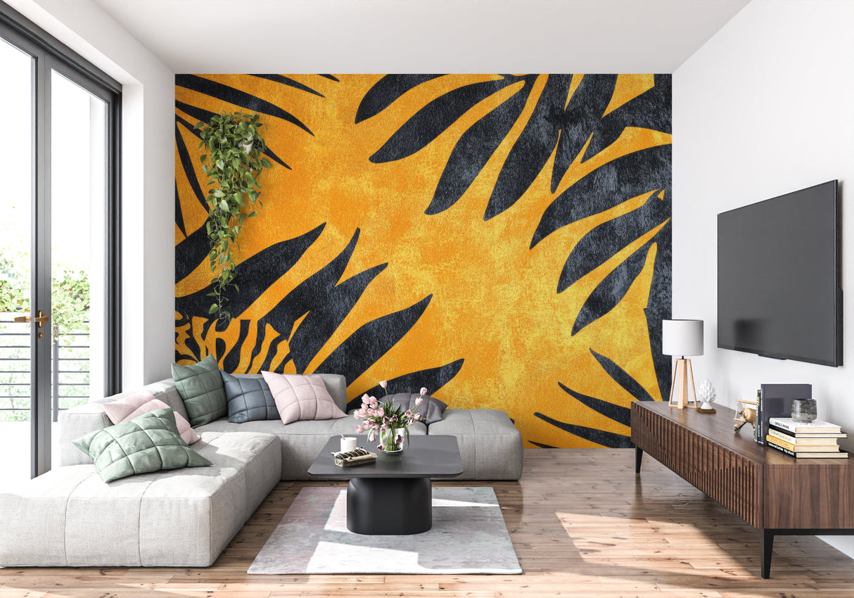Black and gold palm pattern mural in dining room with mood lighting