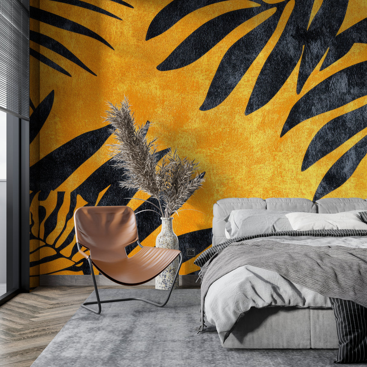 Master bedroom featuring dramatic tropical leaf wallpaper in black and gold