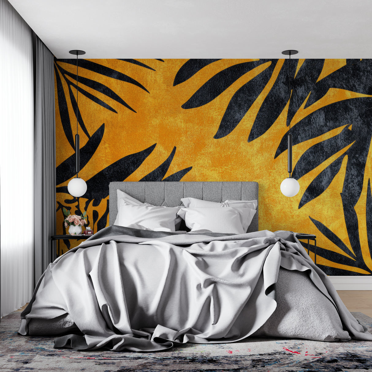 Home office with bold black and gold tropical wall mural creating focus wall
