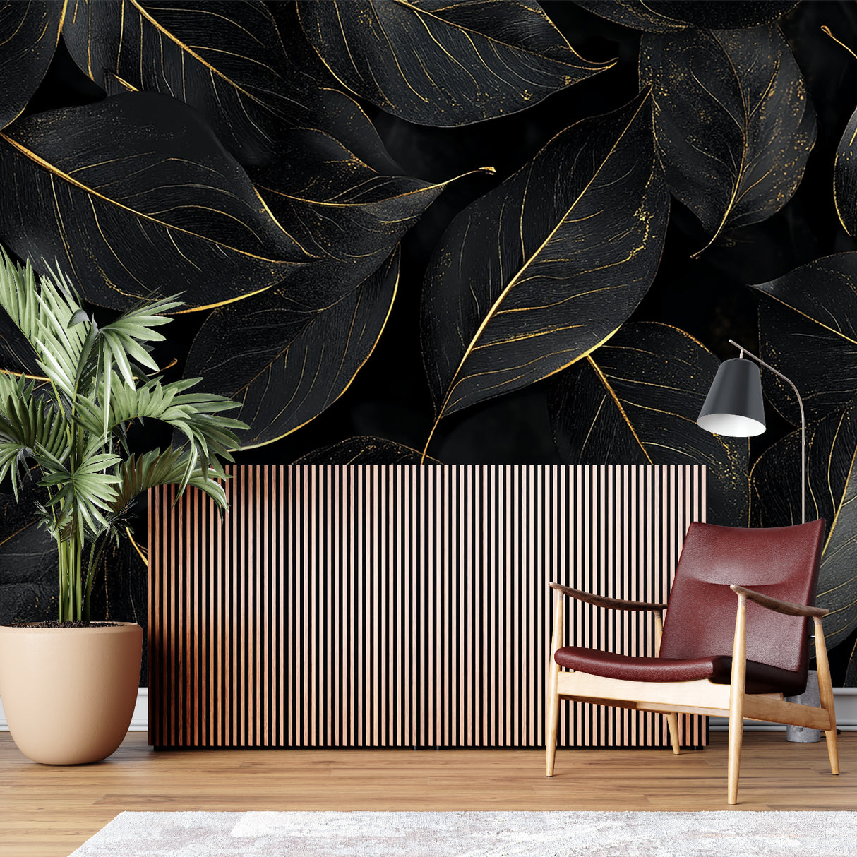 Luxury master bedroom featuring black and gold tropical leaf mural creating elegant atmosphere