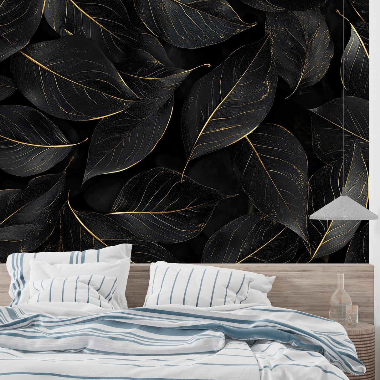 Home office with black and gold botanical wallpaper making sophisticated backdrop