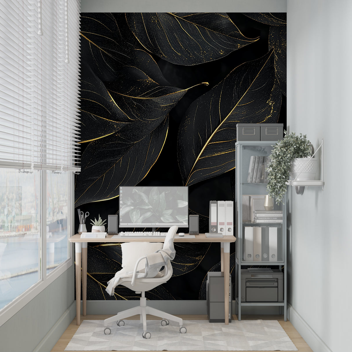 Entryway transformed with metallic gold and black tropical leaf mural