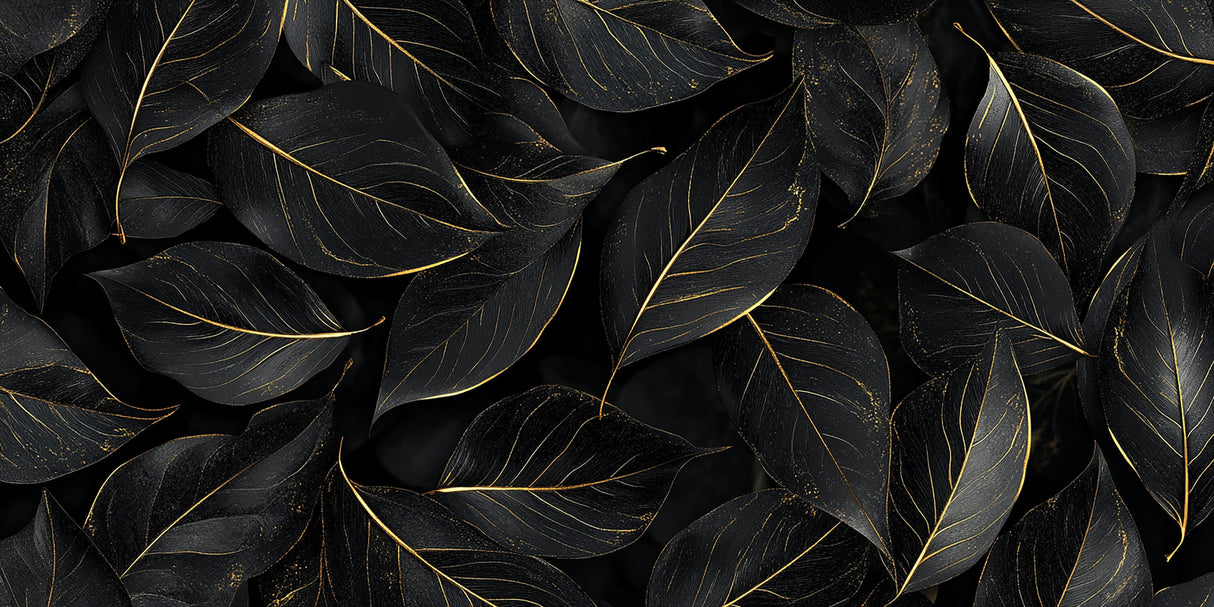 Design file showing intricate gold veined leaves on black background pattern