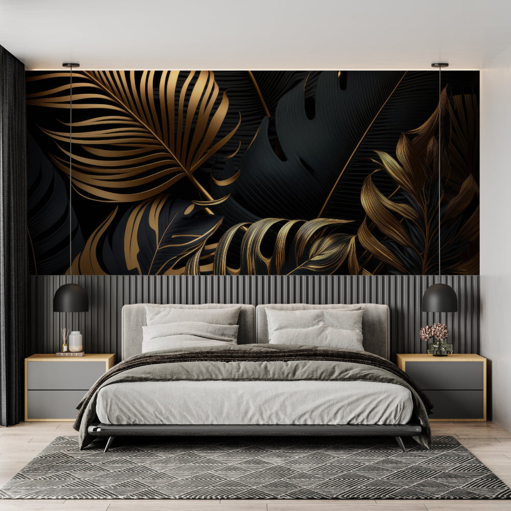 Tropical black and gold leaves wallpaper in modern living room with grey sofa and natural light