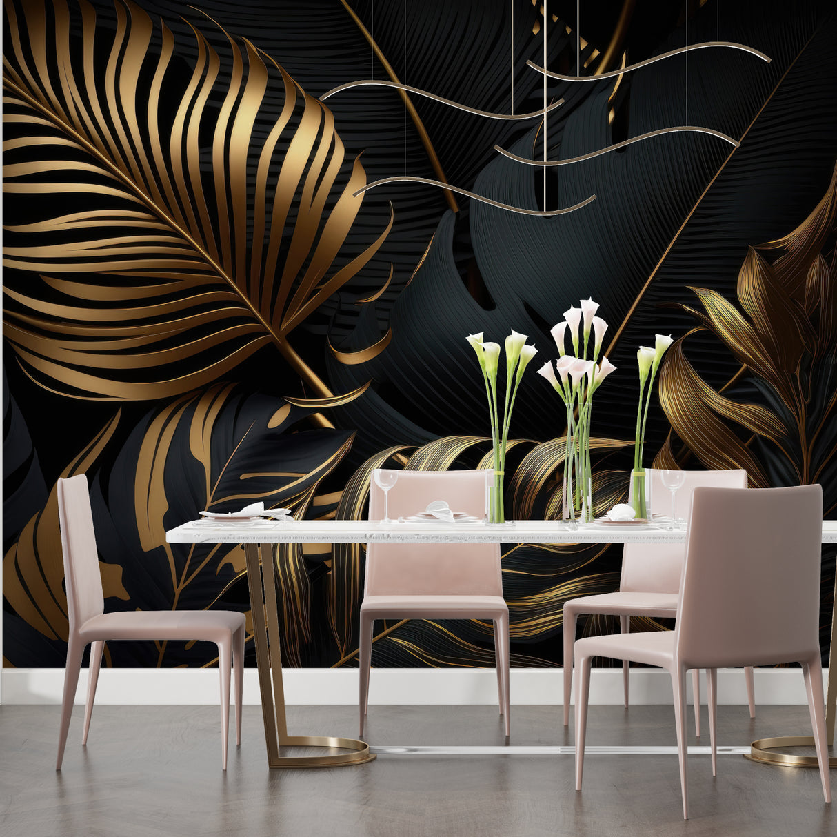 Home office with black and gold botanical wallpaper creating sophisticated backdrop