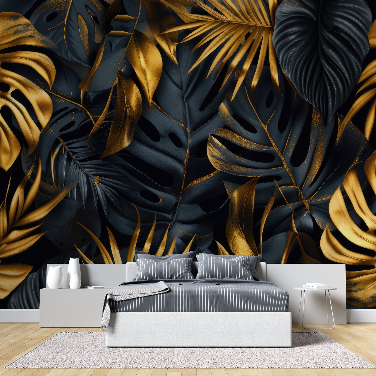 Monstera leaf wallpaper showcased in home office with natural lighting