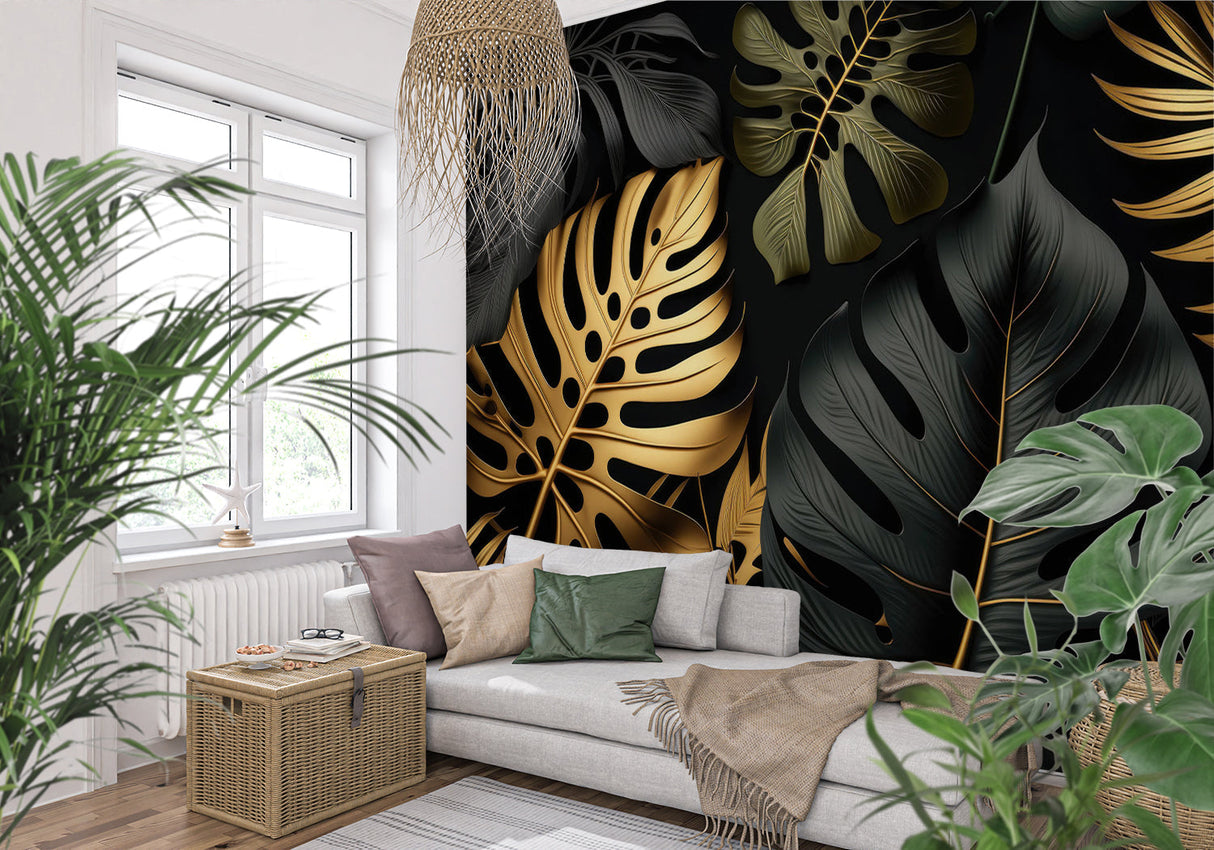 Black and gold tropical leaf mural in luxurious master bedroom with white bedding