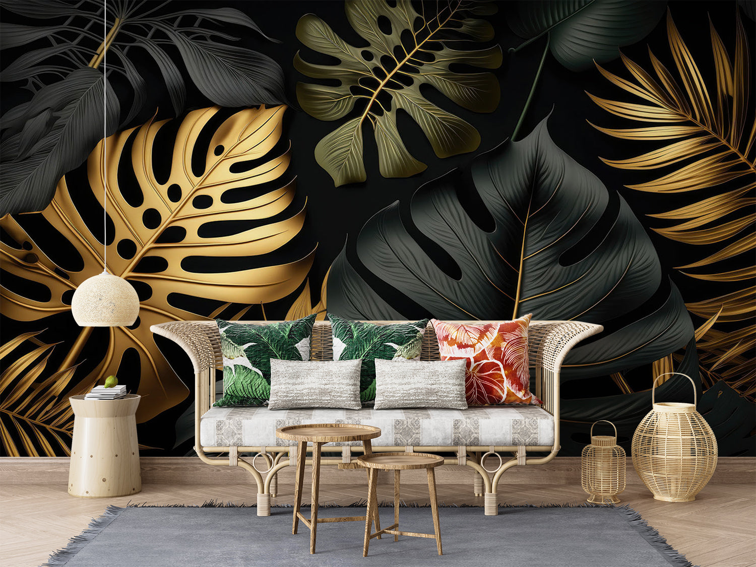 Tropical wall mural in home office featuring black and gold botanical leaves