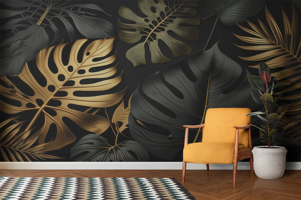 Black and gold Monstera wallpaper in modern bathroom with white fixtures