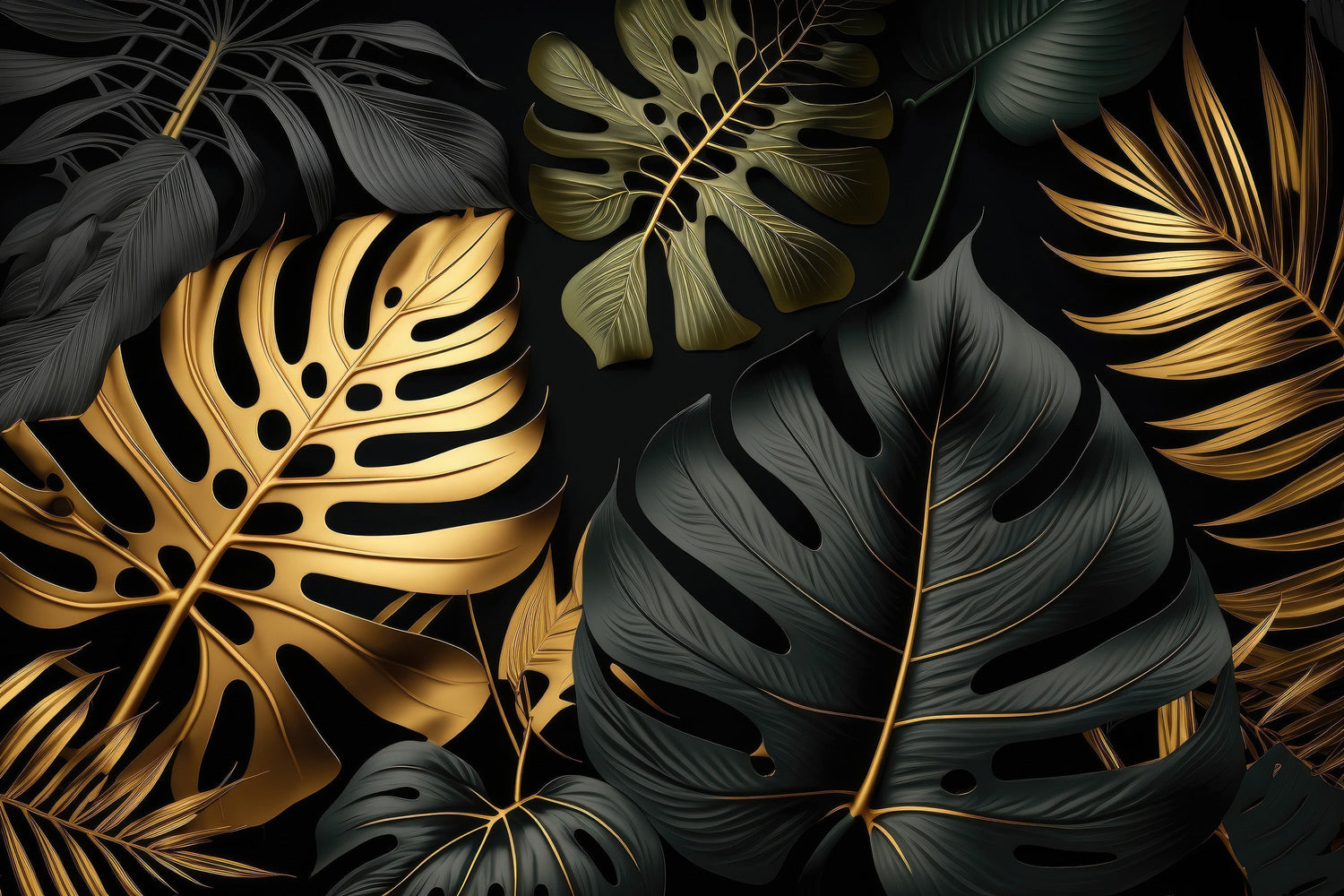 High-resolution design file of black background with detailed gold Monstera leaf pattern