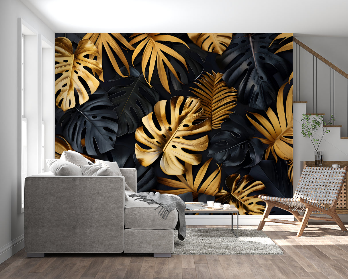 Tropical black and gold Monstera leaf wallpaper in modern dining room with pendant lighting