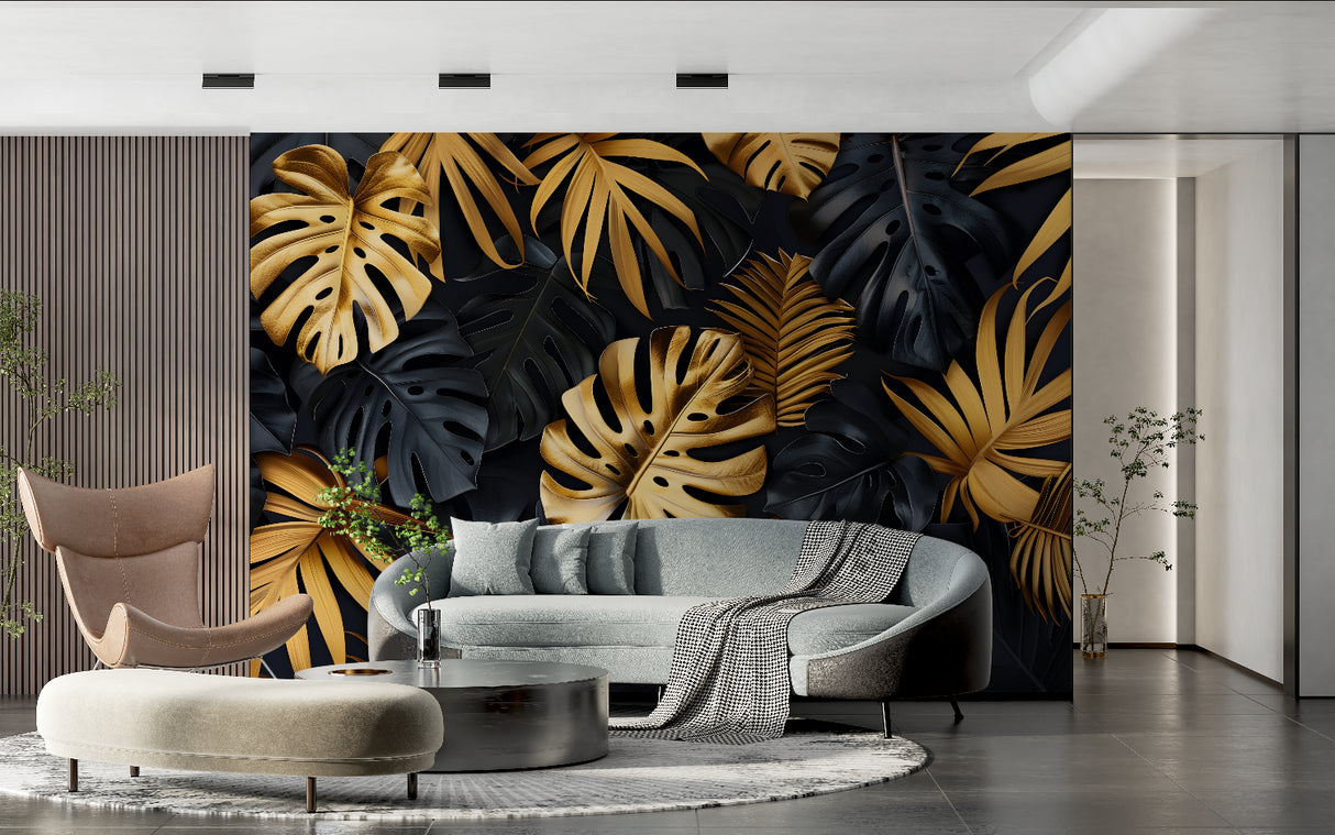 Black and gold tropical wall mural in contemporary living room setting