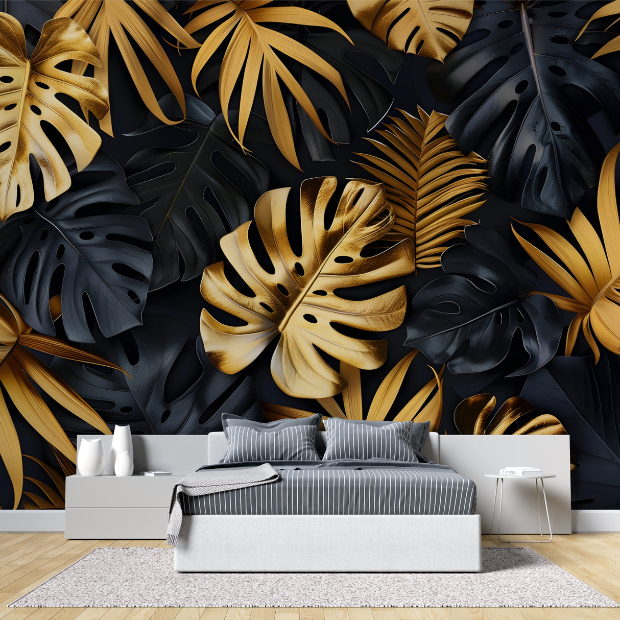 Botanical wall mural showing scale in home office space