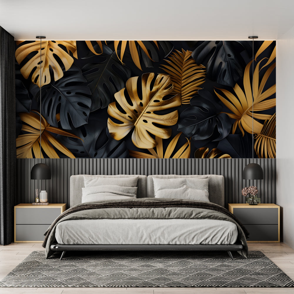 Metallic gold Monstera leaf pattern in luxury bathroom setting