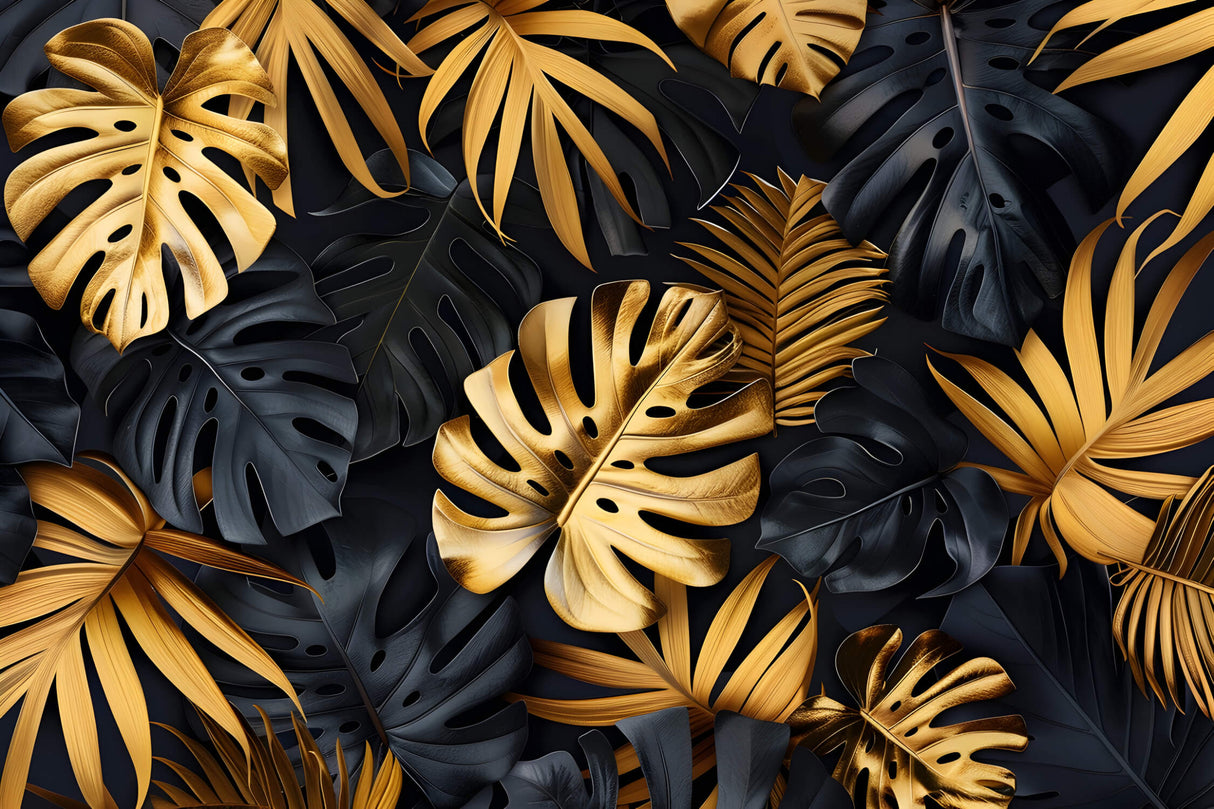 Black and gold Monstera leaf wallpaper design file showing intricate pattern detail
