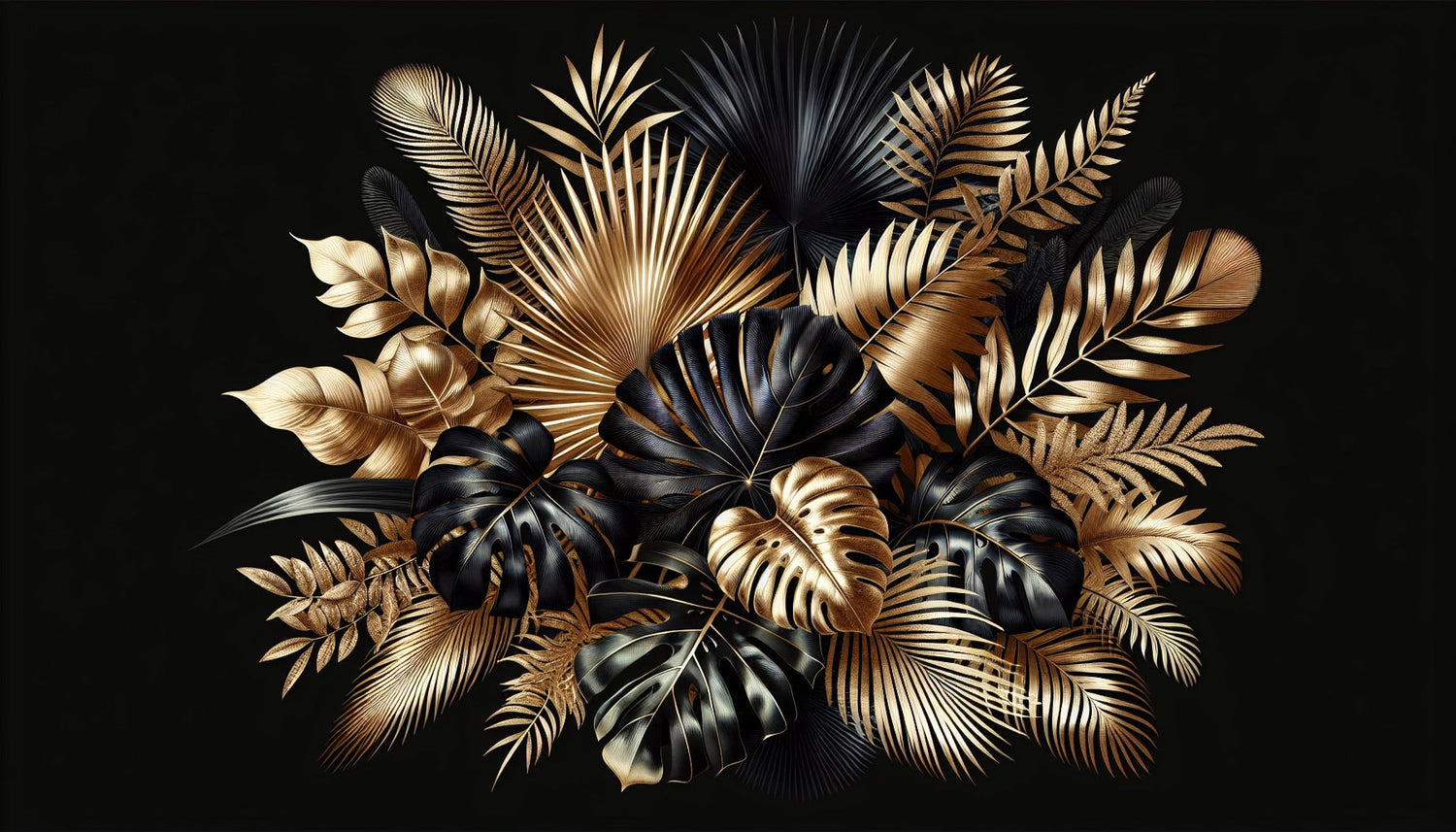 Black and gold tropical leaf wallpaper creating drama in a modern dining room with pendant lights