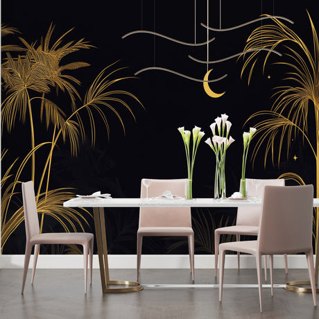 Tropical black and gold palm wallpaper creating elegant ambiance in modern living room