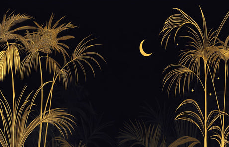 Design file showing detailed black and gold tropical palm pattern with moon motif