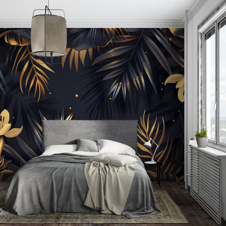 Tropical palm leaf wallpaper in modern living room showing black and gold design creating luxury atmosphere