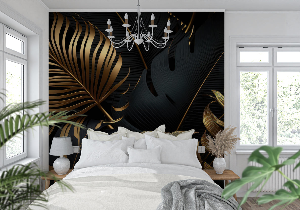 Tropical black and gold palm leaves wallpaper in modern dining room with crystal chandelier