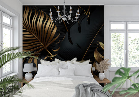 Tropical black and gold palm leaves wallpaper in modern dining room with crystal chandelier