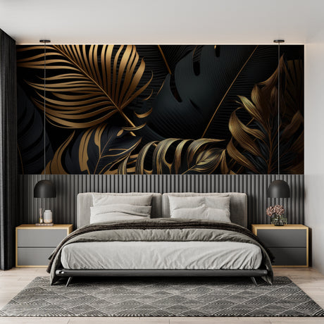 Tropical black and gold palm leaf wallpaper in modern living room with dramatic lighting