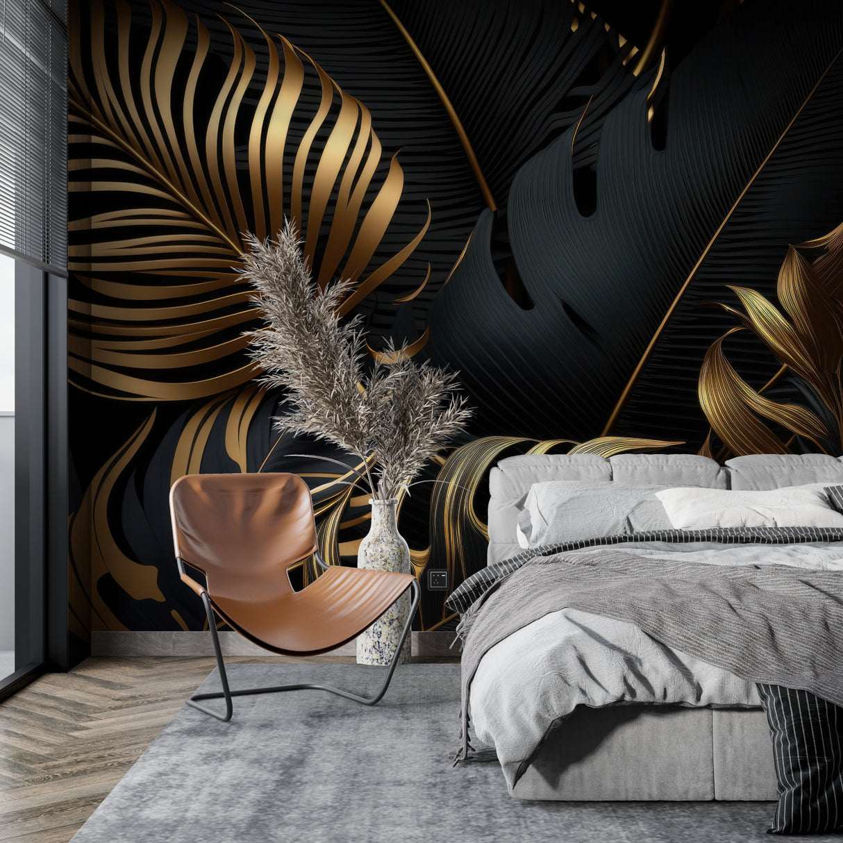 Black and gold palm leaf mural creating luxury hotel feel in master bedroom