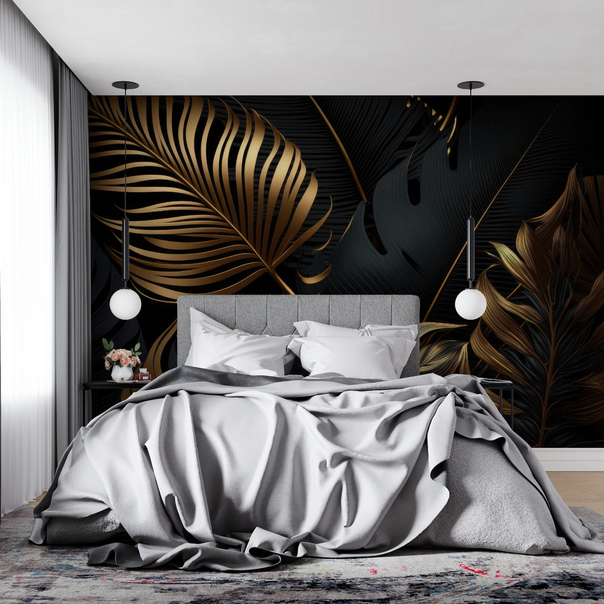 Tropical palm leaves wallpaper adding drama to home office space