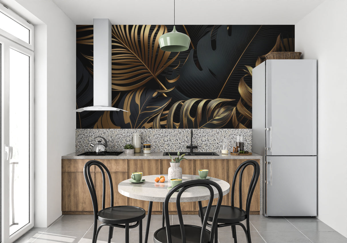 Palm leaf mural wallpaper making statement in living room corner