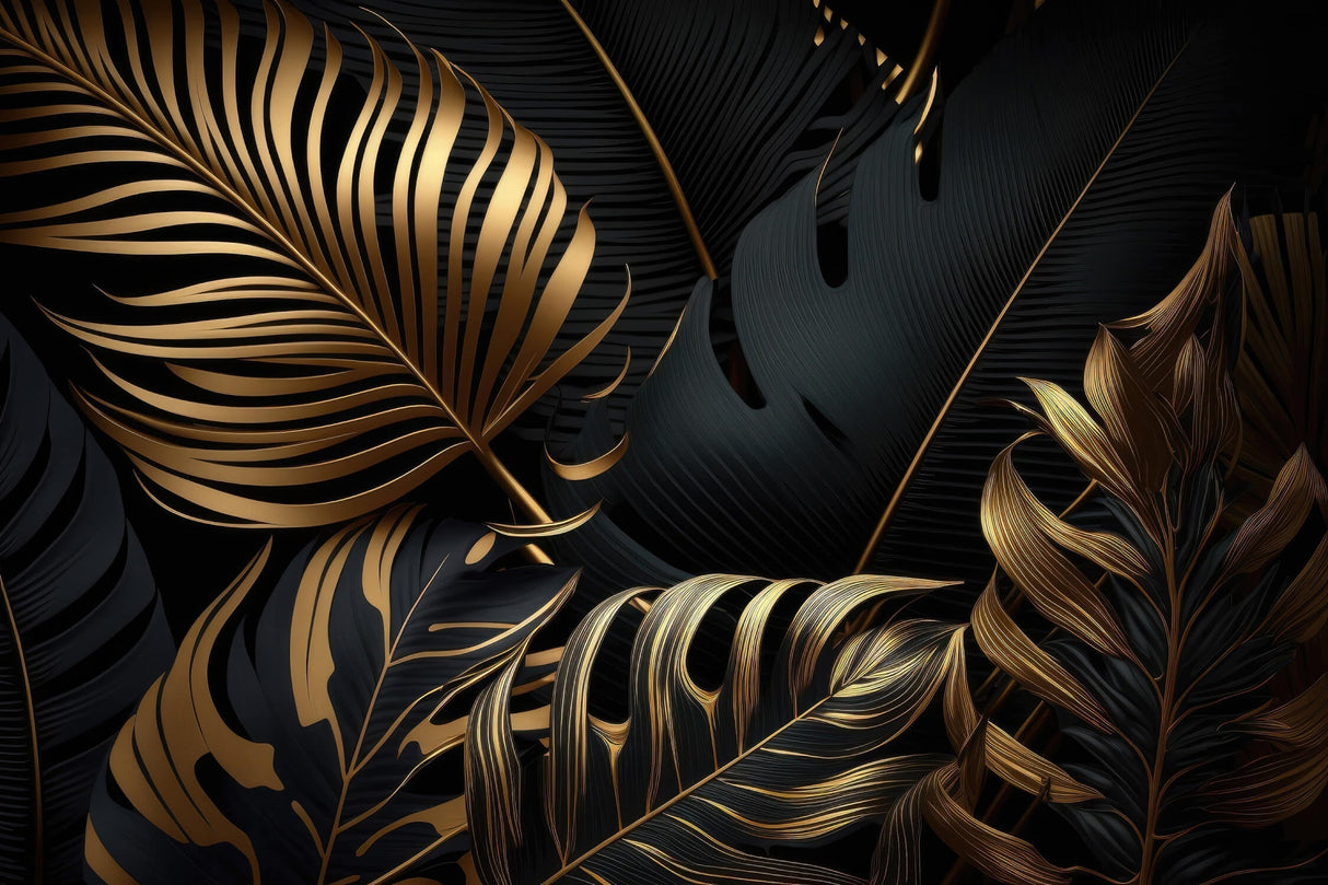 Design file showing detailed black and gold tropical palm leaves pattern
